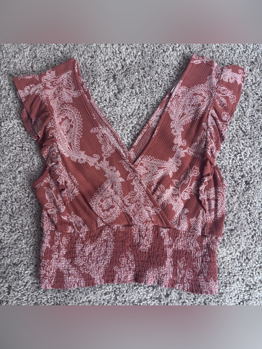 Paper Crane Burnt Orange Floral Paisley Deep V Crop Top